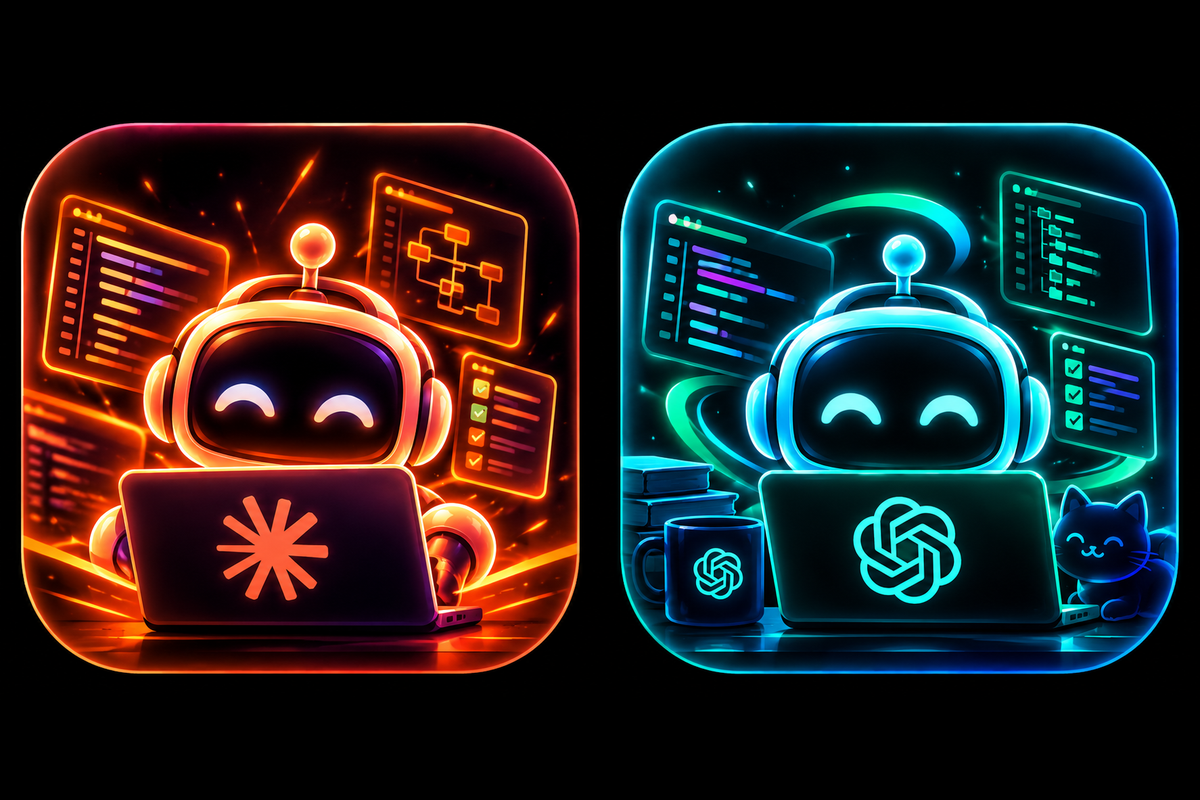Neon robot mascots coding with Claude and ChatGPT — Discord Agent Presence