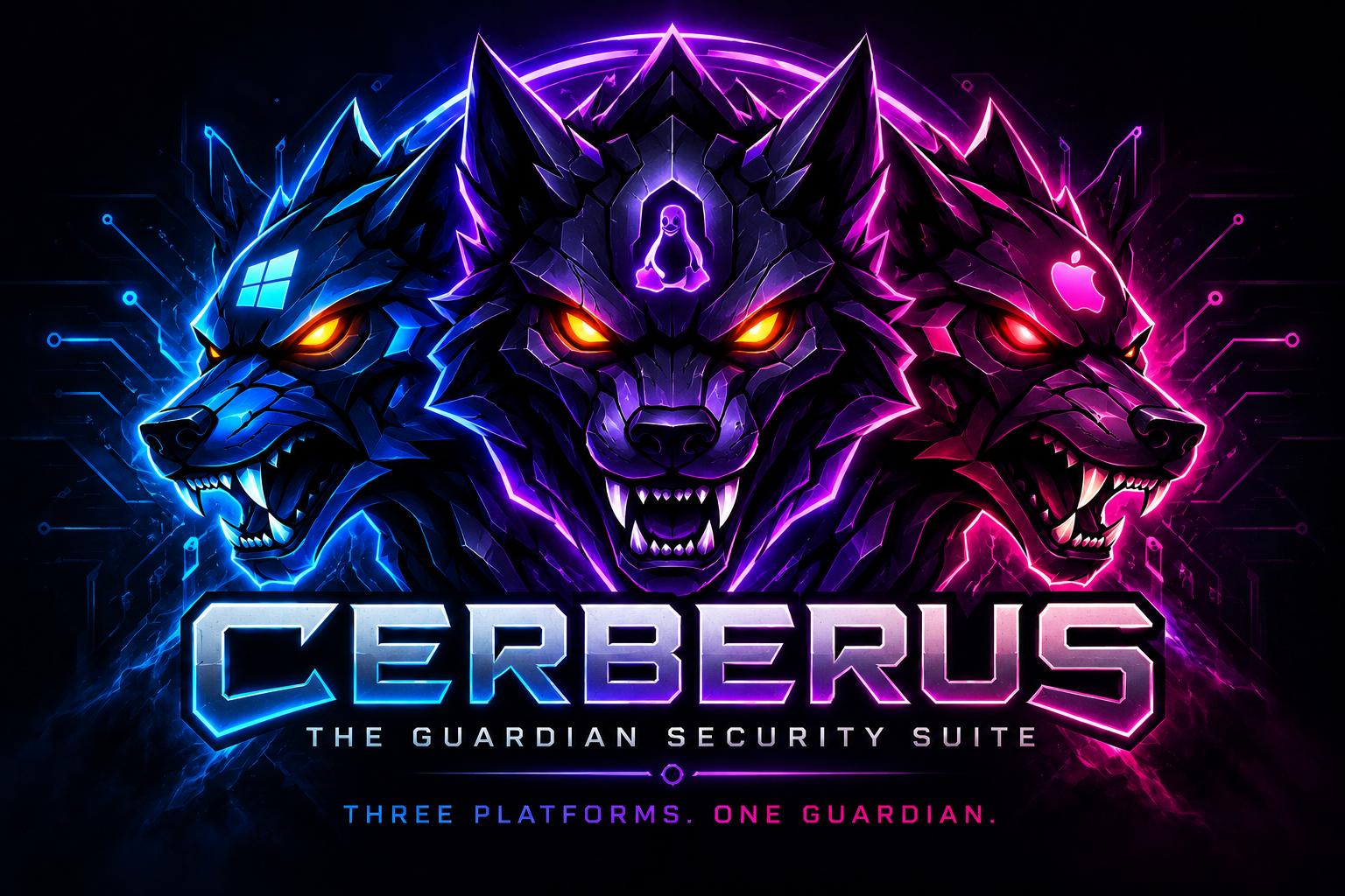 CERBERUS, the Guardian Security Suite — neon artwork of three guardian wolves for Windows, Linux, and macOS